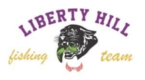 Logo of the liberty hill fishing team featuring a stylized jaguar and a fish with text elements in purple, green, and red colors.